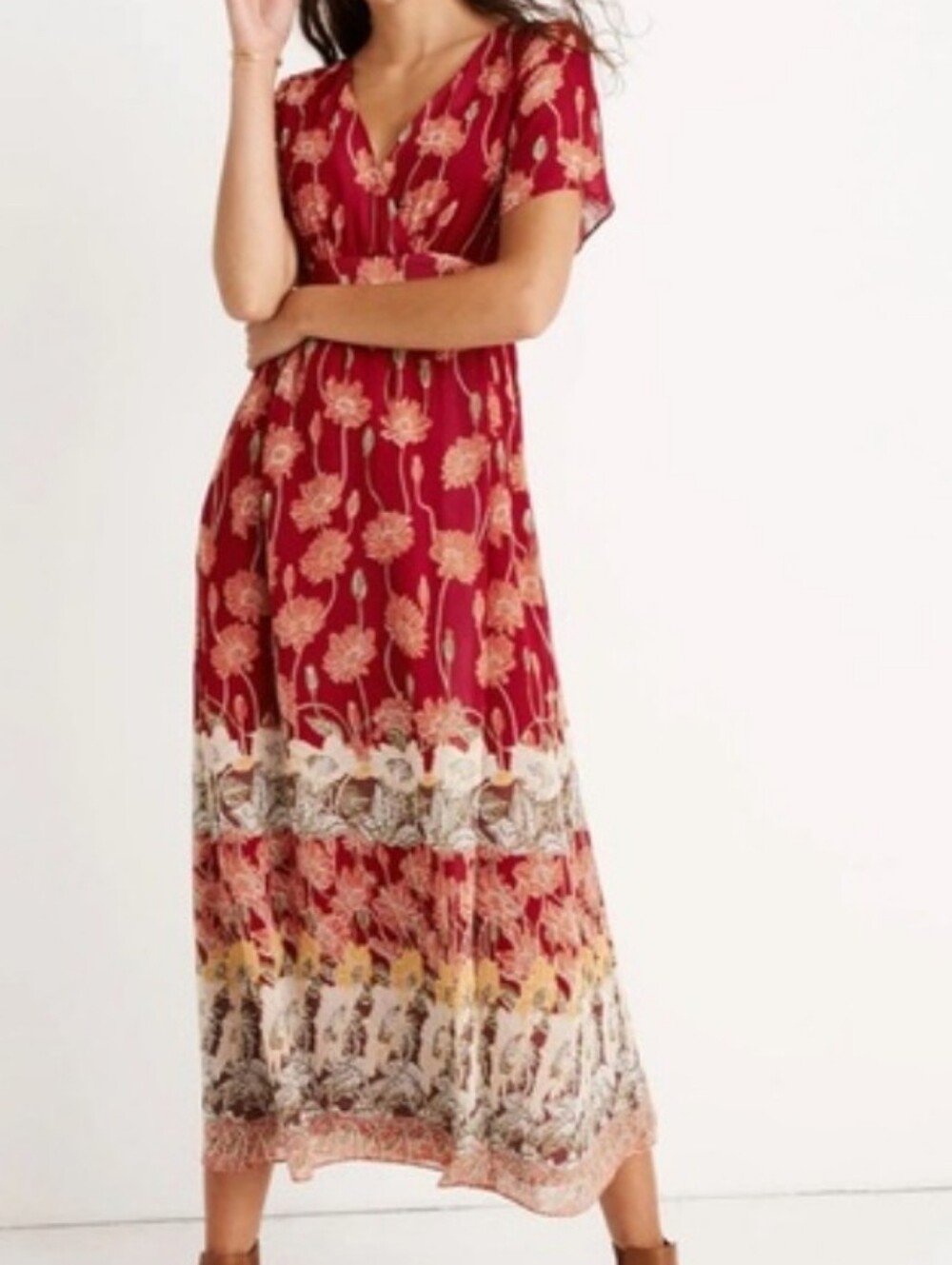 Madewell Tulip Red Floral V-Neck Maxi Dress with Sunflowers Size 10